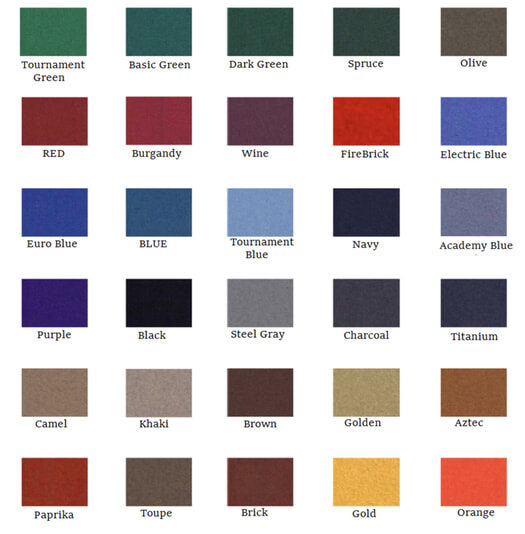 pool table felt replacement colors chart